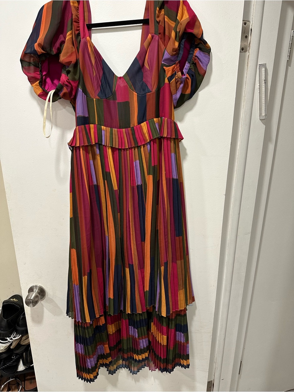 FARM Rio Striped Pleated Midi Dress in Pink, Orange, Purple, Green and Navy